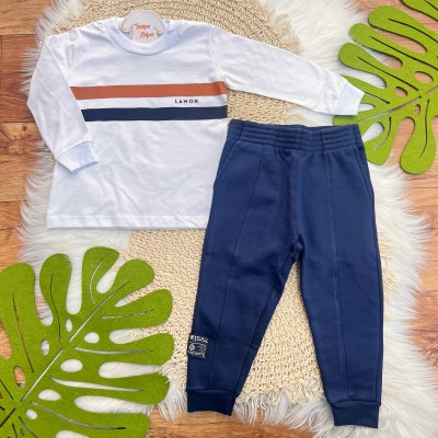 Conj. Camiseta Manga Longa Duas Listras e Calça de Moletom - Branco e Marinho